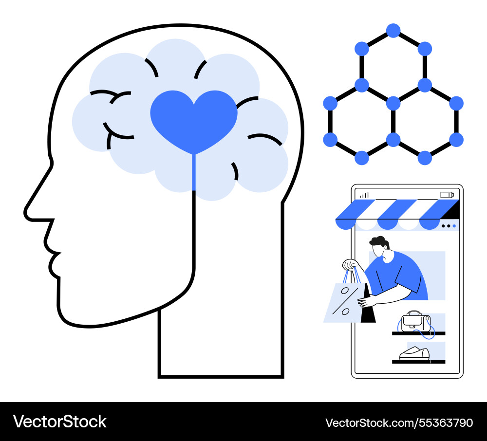 Human head with heart in brain network structure Human head with heart in brain network structure vector image
