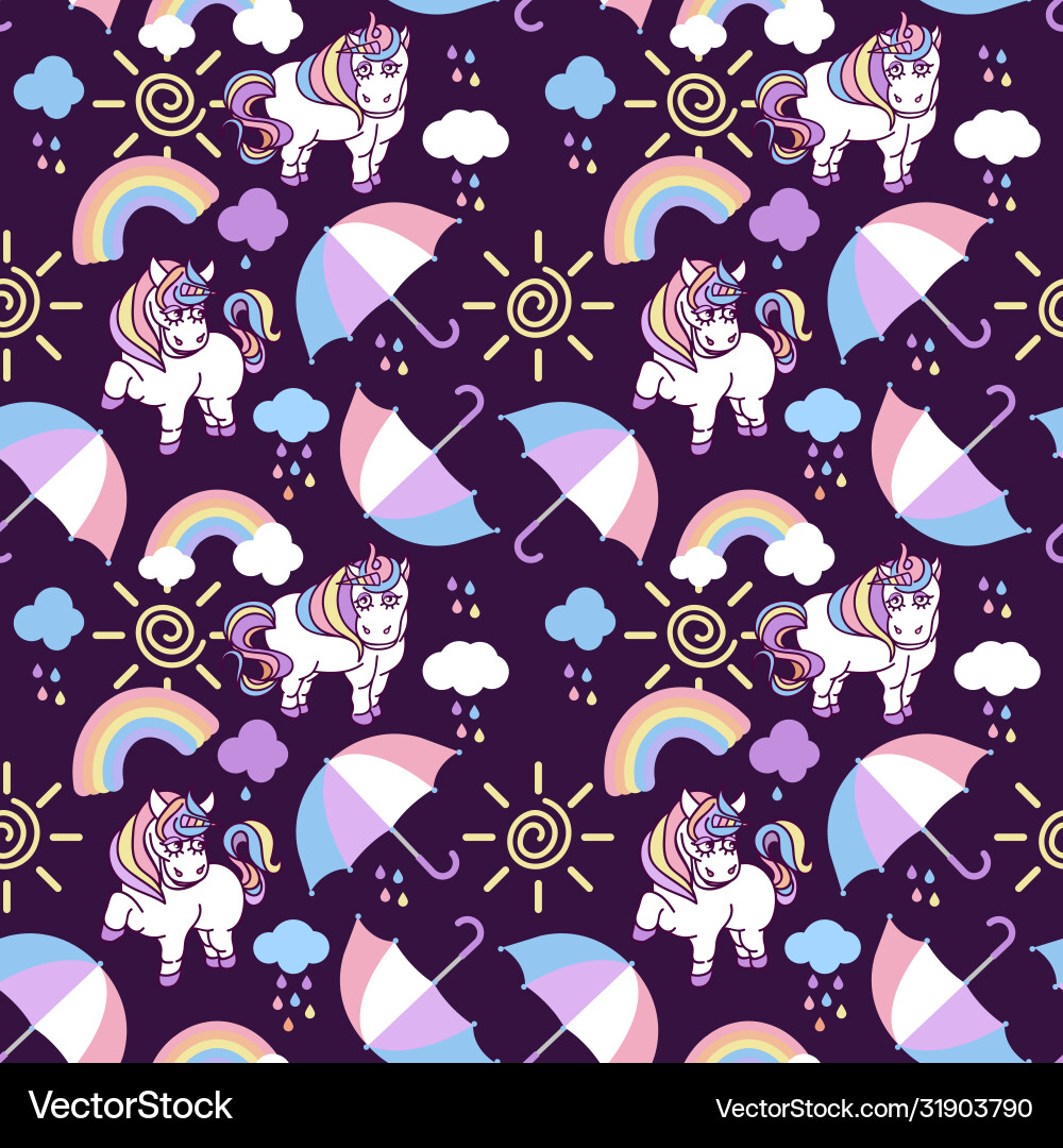 Seamless pattern with unicorns rainbow clouds Seamless pattern with unicorns rainbow clouds vector image