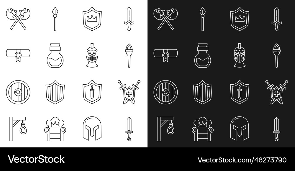 Set line medieval sword shield with swords torch Set line medieval sword shield with swords torch Vector Image