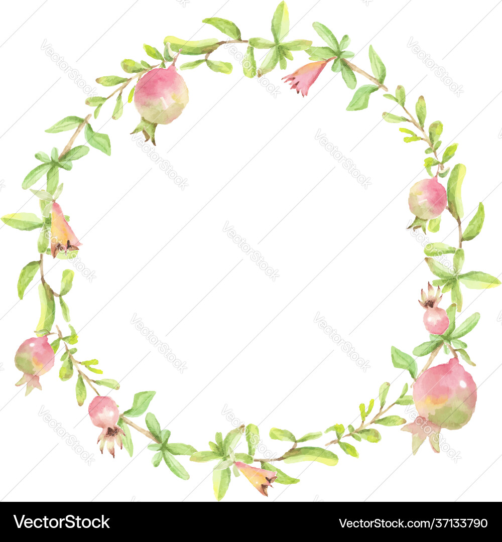 Watercolor hand painted pomegranate wreath frame Watercolor hand painted pomegranate wreath frame vector image