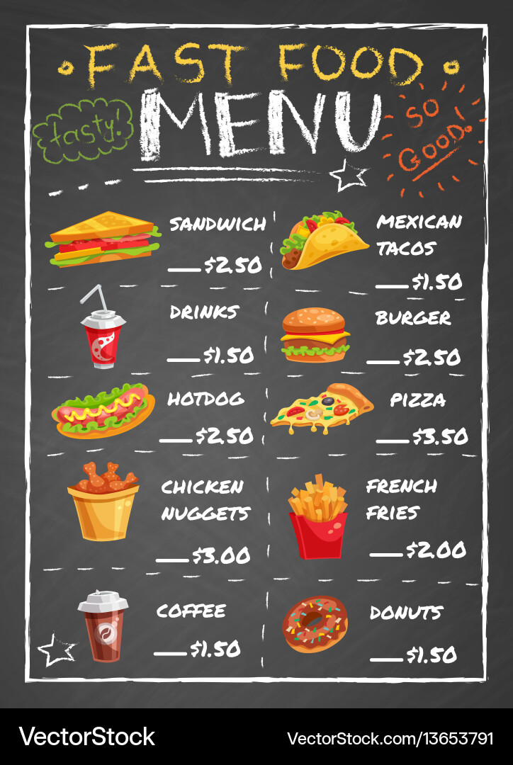 Fast food restaurant menu on chalkboard Fast food restaurant menu on chalkboard vector image