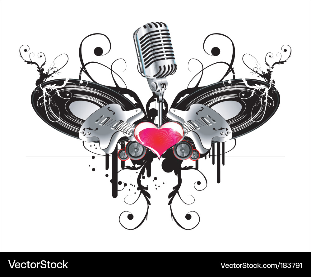 Musical Heraldry - Guitar & Hearts Vector Image