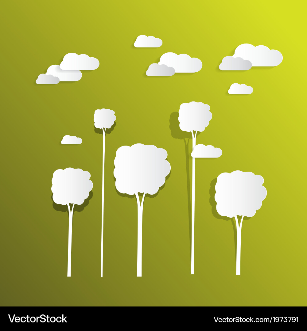 Paper clouds and trees on green background vector image