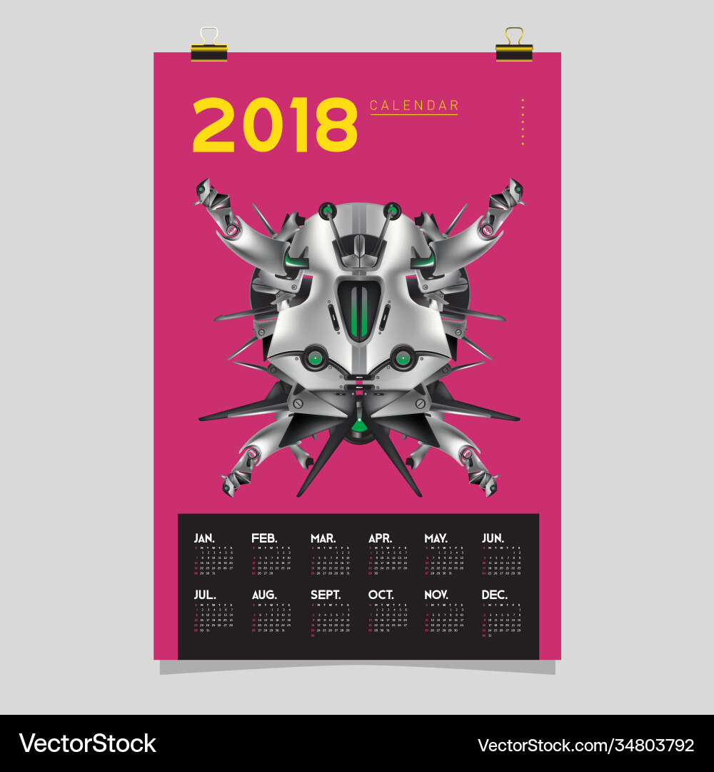 2018 calendar design template 3d realistic robot 2018 calendar design template 3d realistic robot vector image