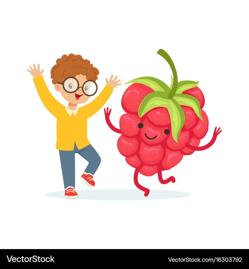 Happy boy having fun with fresh smiling raspberry vector image