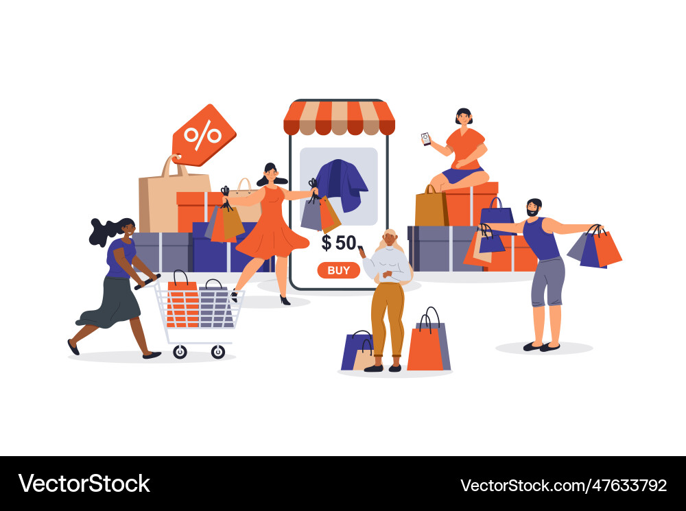 Shopping concept with character scene for web vector image