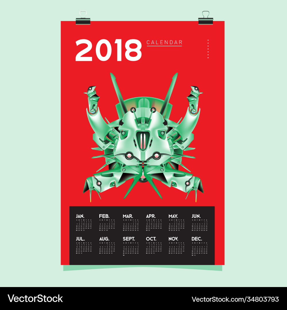 2018 calendar design template 3d realistic robot 2018 calendar design template 3d realistic robot vector image