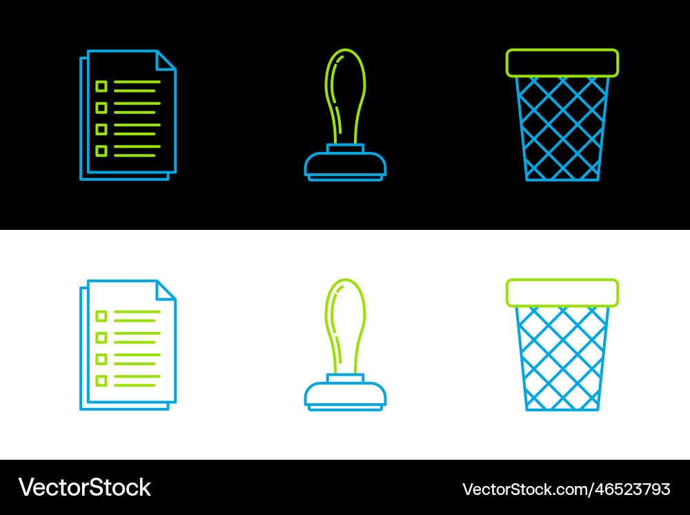 Set line trash can file document and stamp icon Vector Image