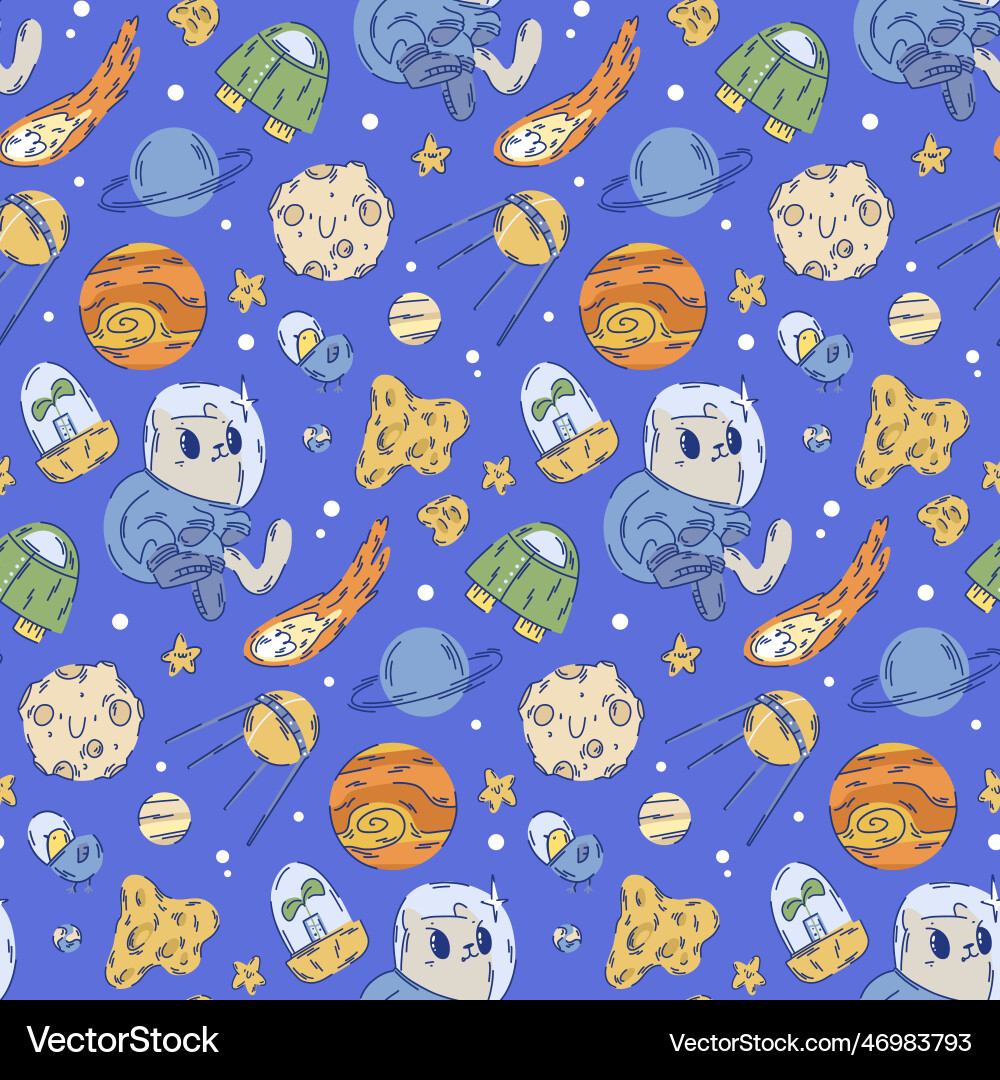 Space pattern with cats in spacesuits planets Space pattern with cats in spacesuits planets Vector Image
