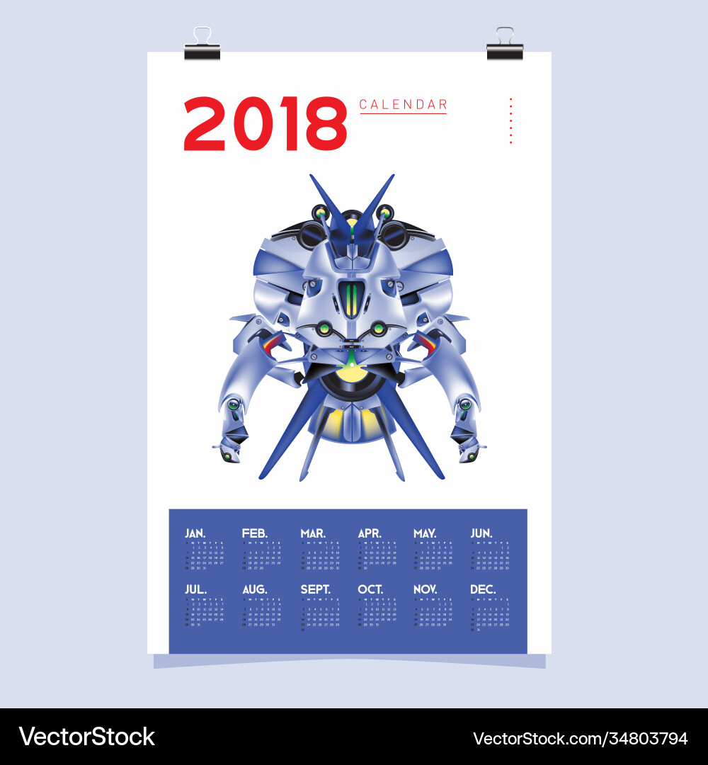 2018 calendar design template 3d realistic robot vector image