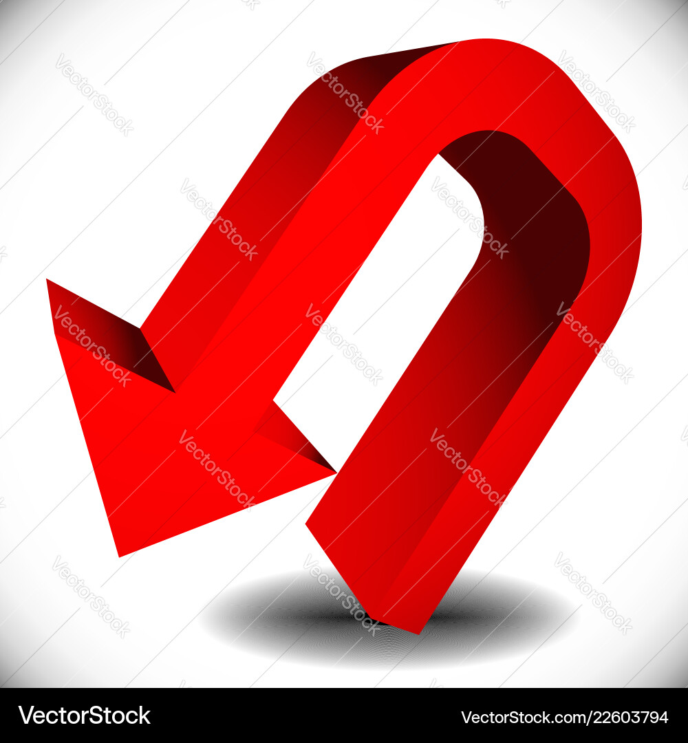 3d red curved arrow with shadow pointing backward Vector Image