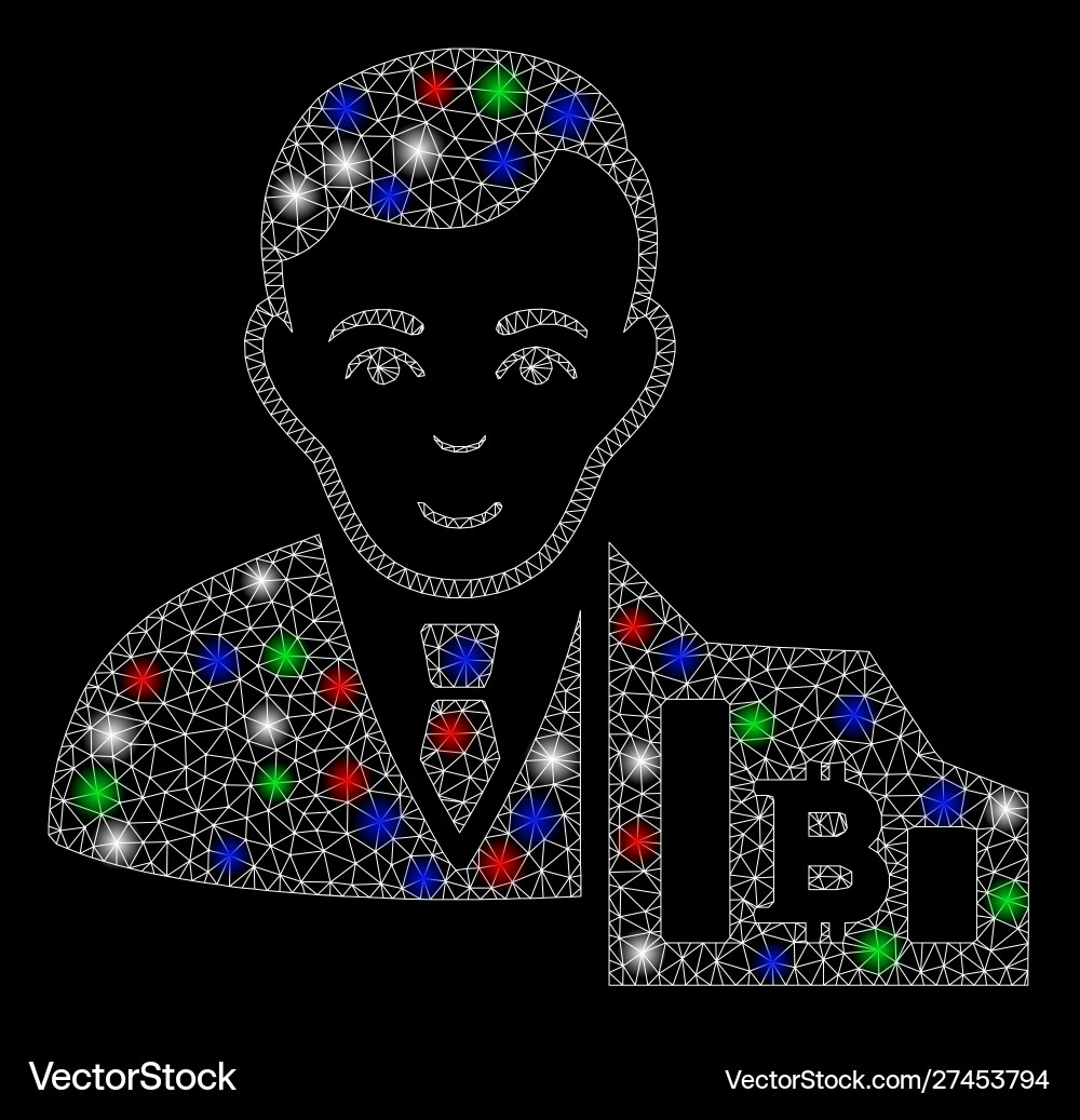 Bright mesh wire frame bitcoin trader with flash vector image