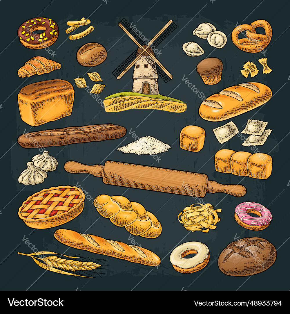 Set bread mill on wheat field color Vector Image