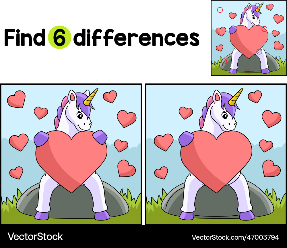 Unicorn hugging a heart find the differences vector image