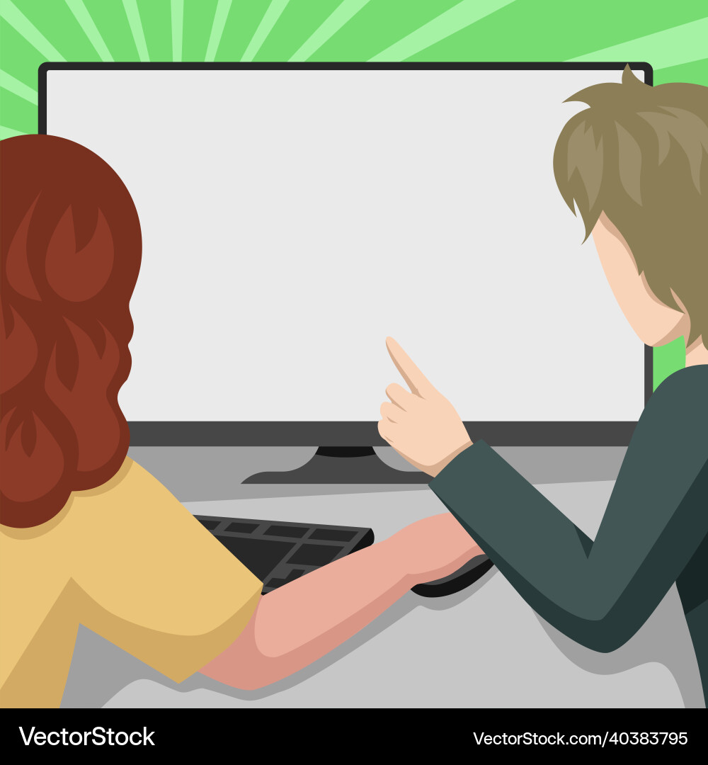Couple drawing using desktop computer helping vector image