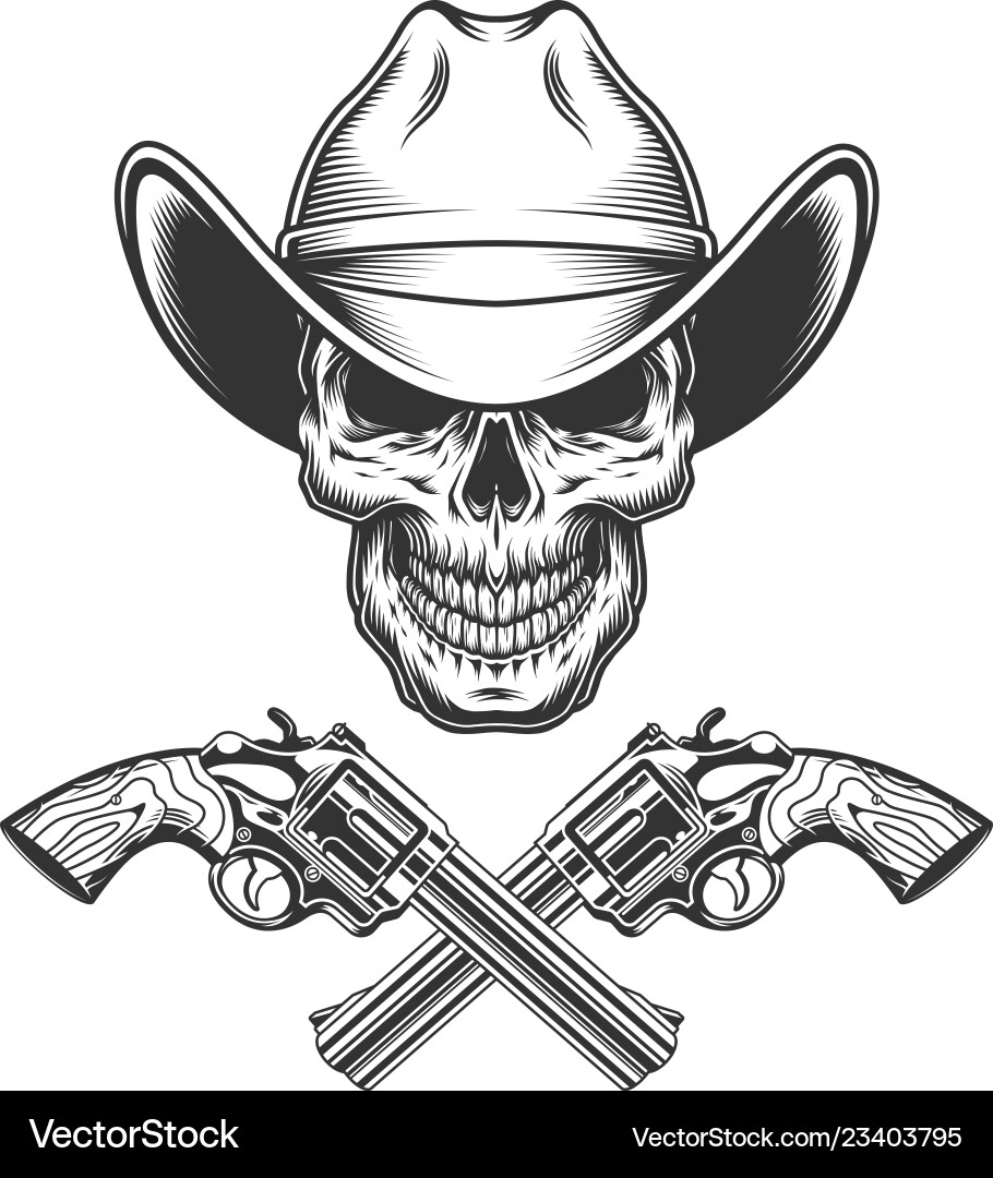Monochrome Cowboy Skull with Guns Vector Image