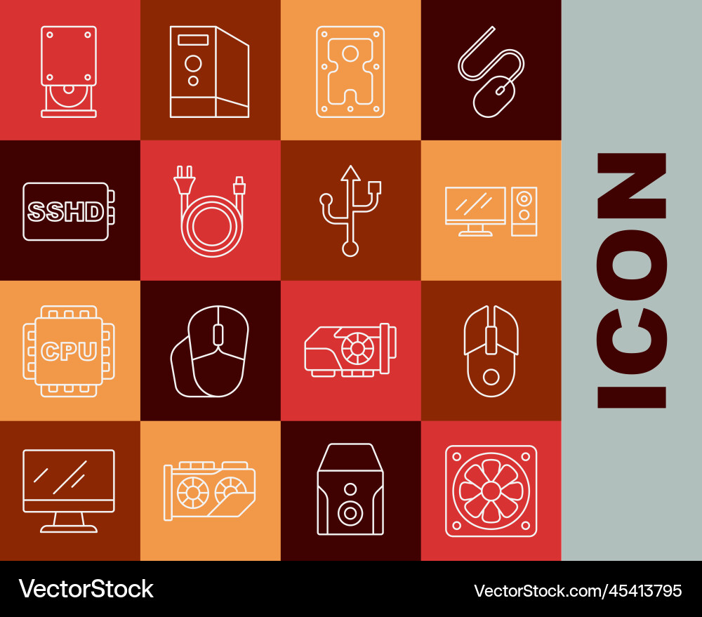Set line computer cooler mouse monitor hard Set line computer cooler mouse monitor hard vector image