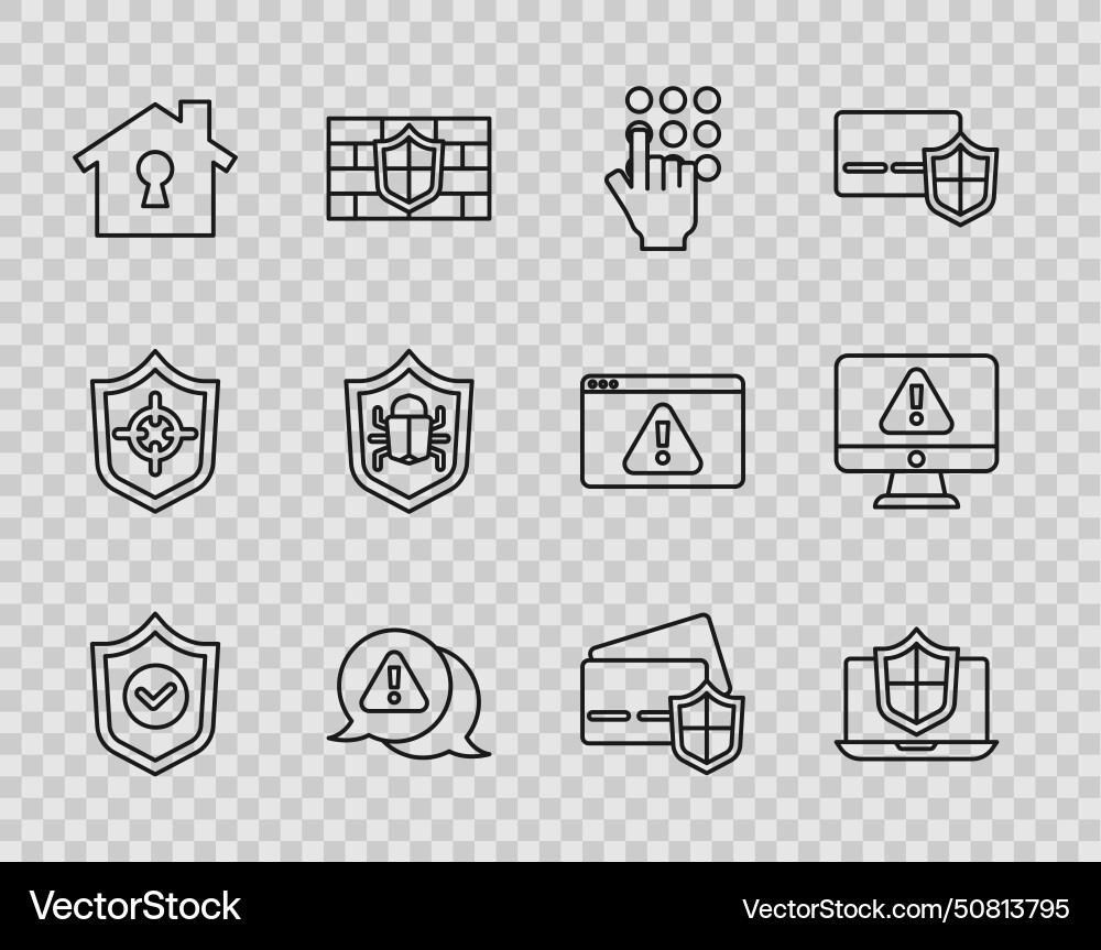 Set line shield with check mark laptop protected Set line shield with check mark laptop protected vector image