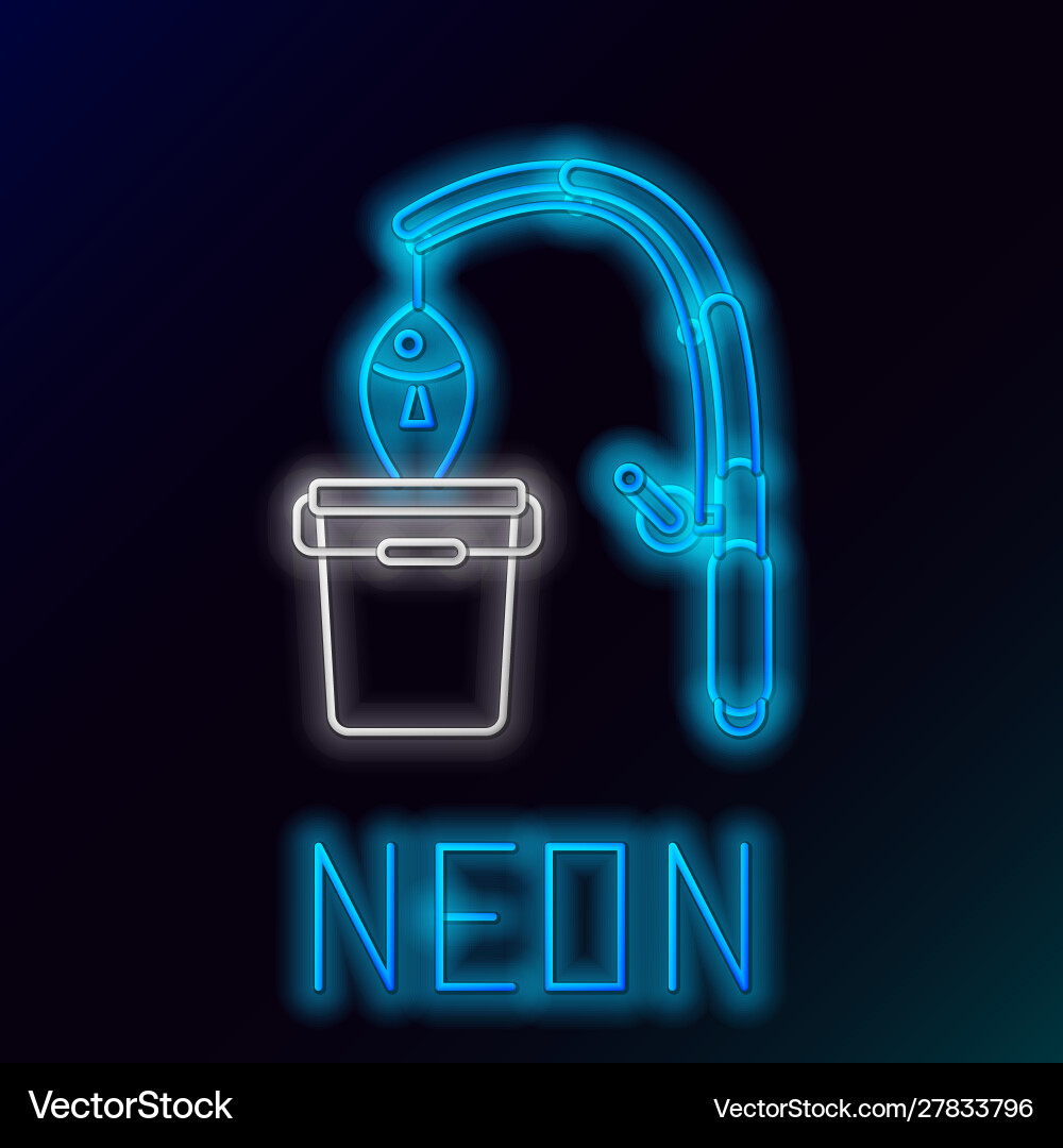 Blue glowing neon line fishing rod and fish icon Blue glowing neon line fishing rod and fish icon vector image