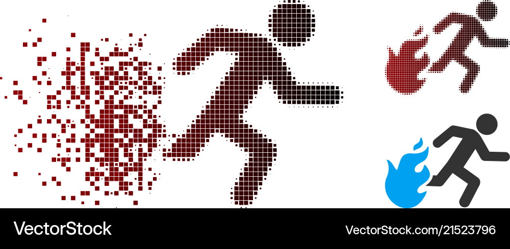 Decomposed pixel halftone fired running man icon Vector Image