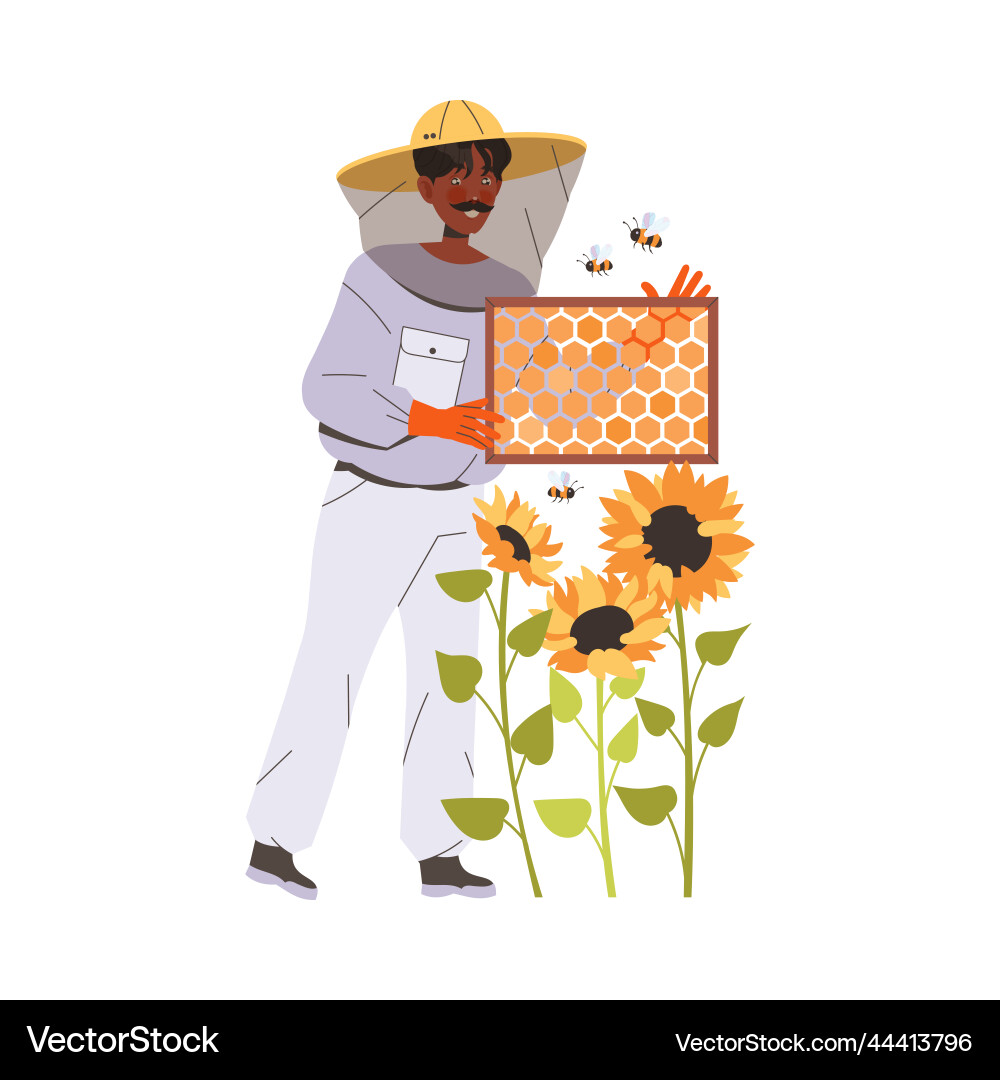 Equipped man beekeeper or apiarist with honeycomb Equipped man beekeeper or apiarist with honeycomb vector image