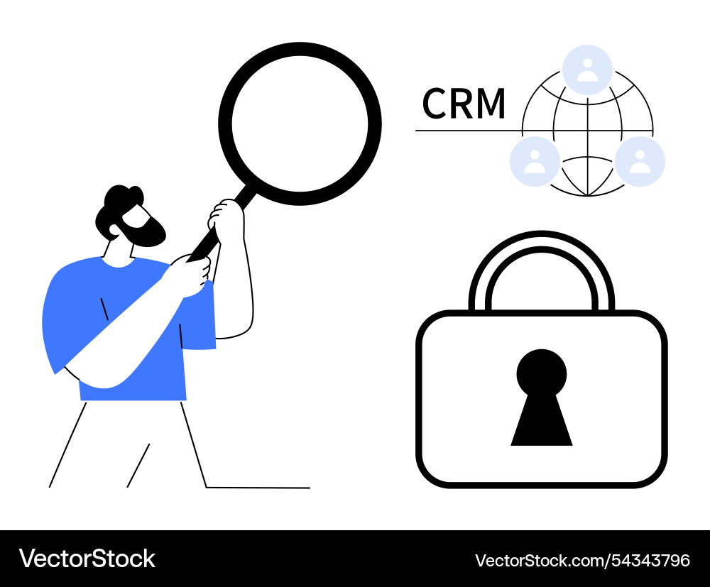 Man with magnifying glass analyzing crm system Man with magnifying glass analyzing crm system vector image