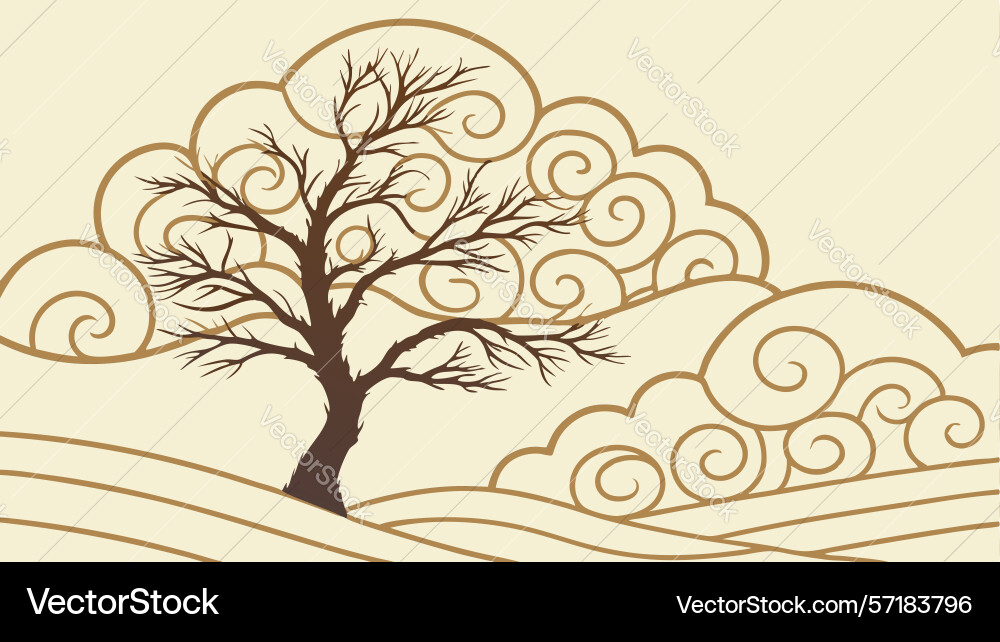 Twisted tree in cloudy landscape scene design Vector Image