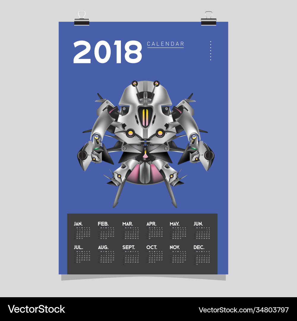 2018 calendar design template 3d realistic robot 2018 calendar design template 3d realistic robot vector image