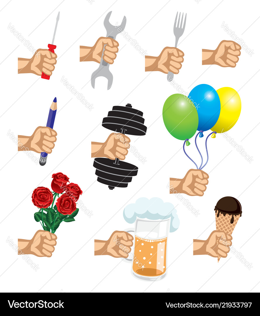 Icons of a hand with different objects vector image