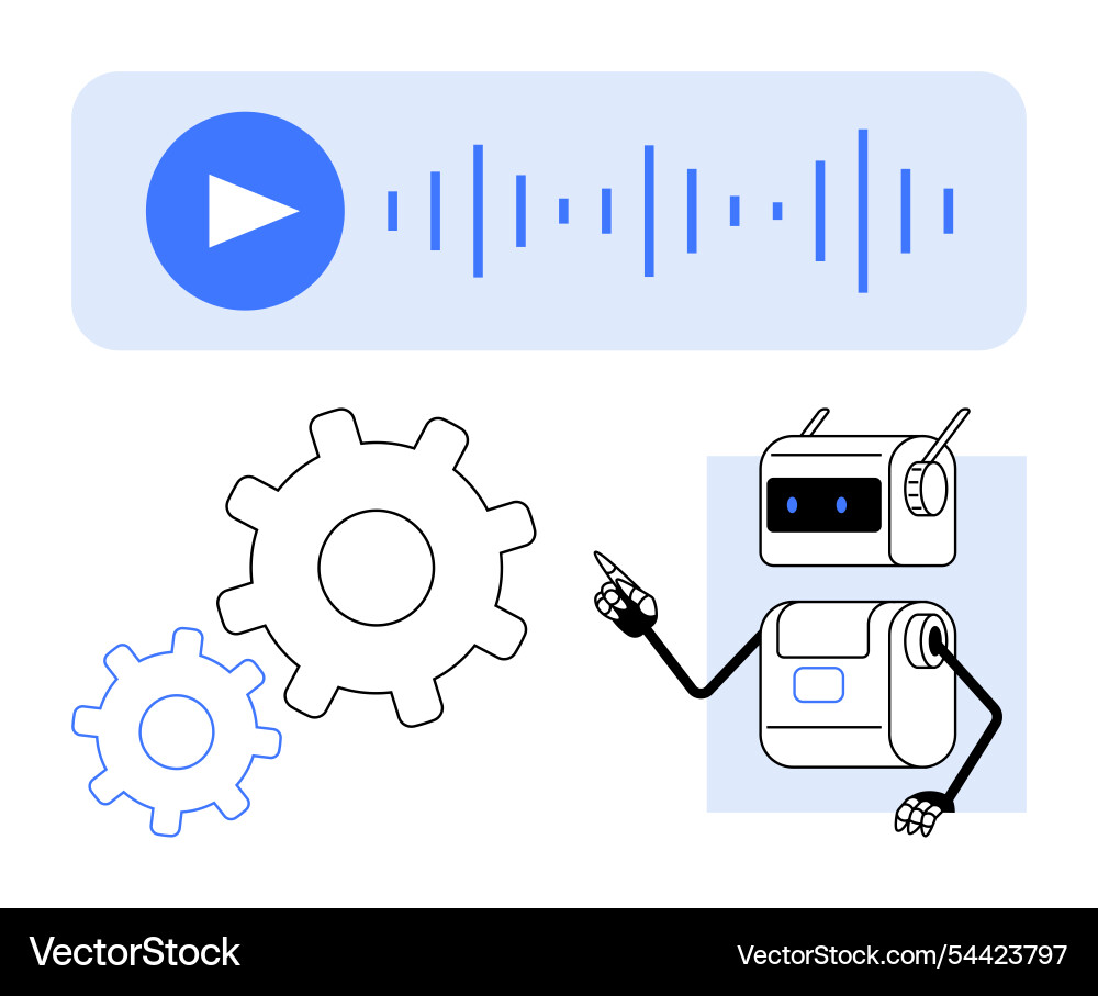 Robot with play button sound waves and gears Robot with play button sound waves and gears vector image