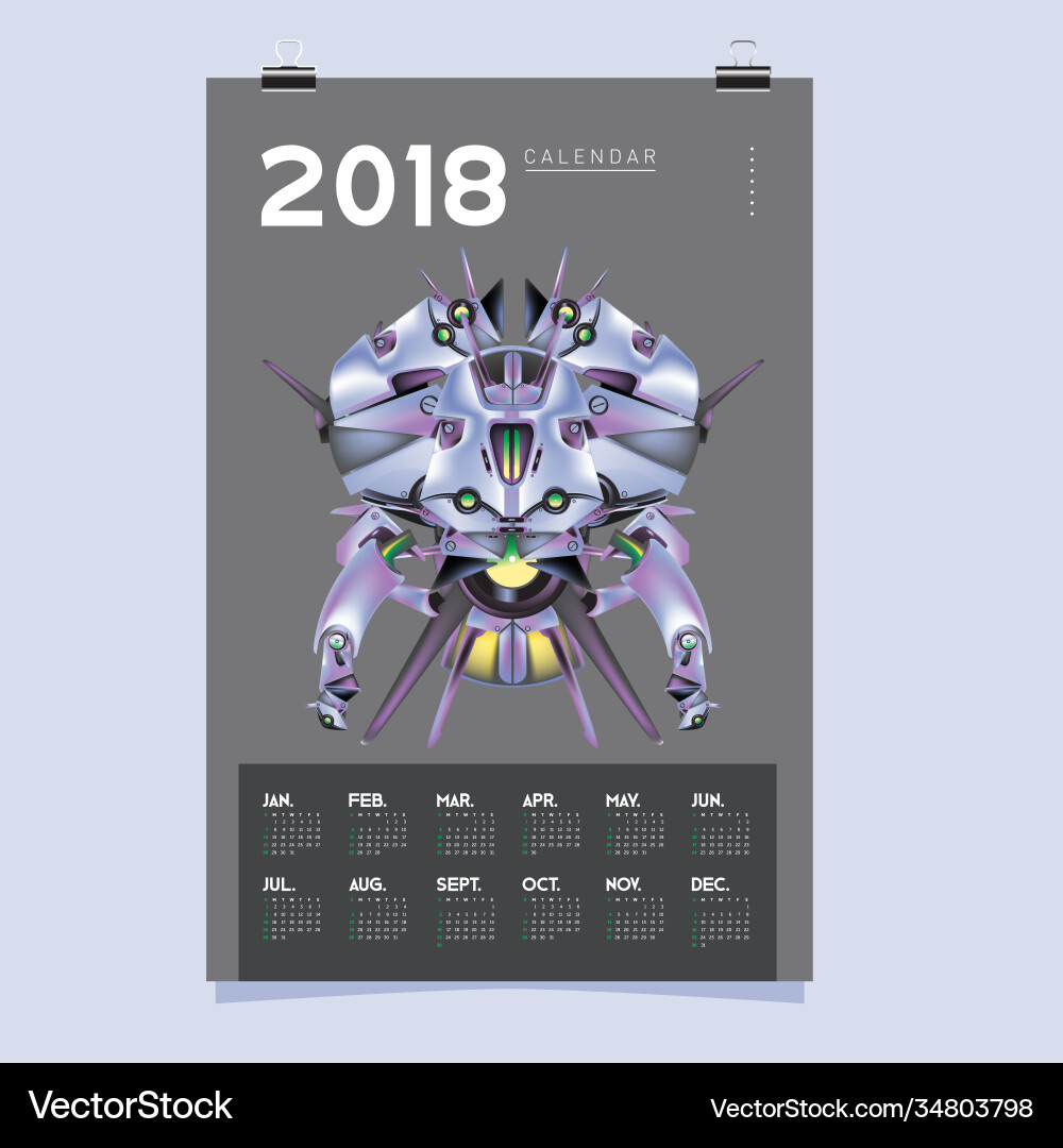 2018 calendar design template 3d realistic robot 2018 calendar design template 3d realistic robot vector image
