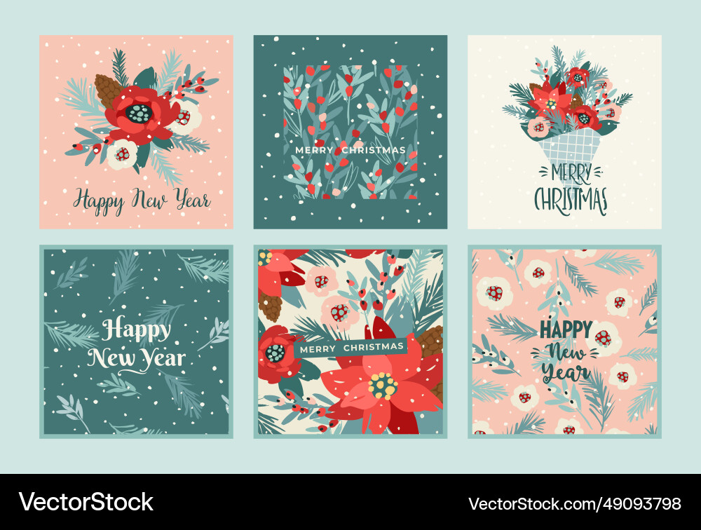 Christmas and happy new year cards with flowers Christmas and happy new year cards with flowers vector image