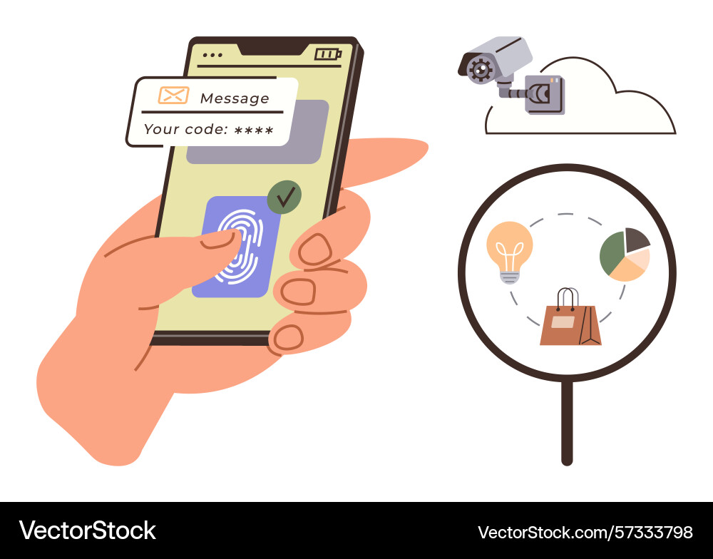 Hand unlocking smartphone via fingerprint Hand unlocking smartphone via fingerprint vector image