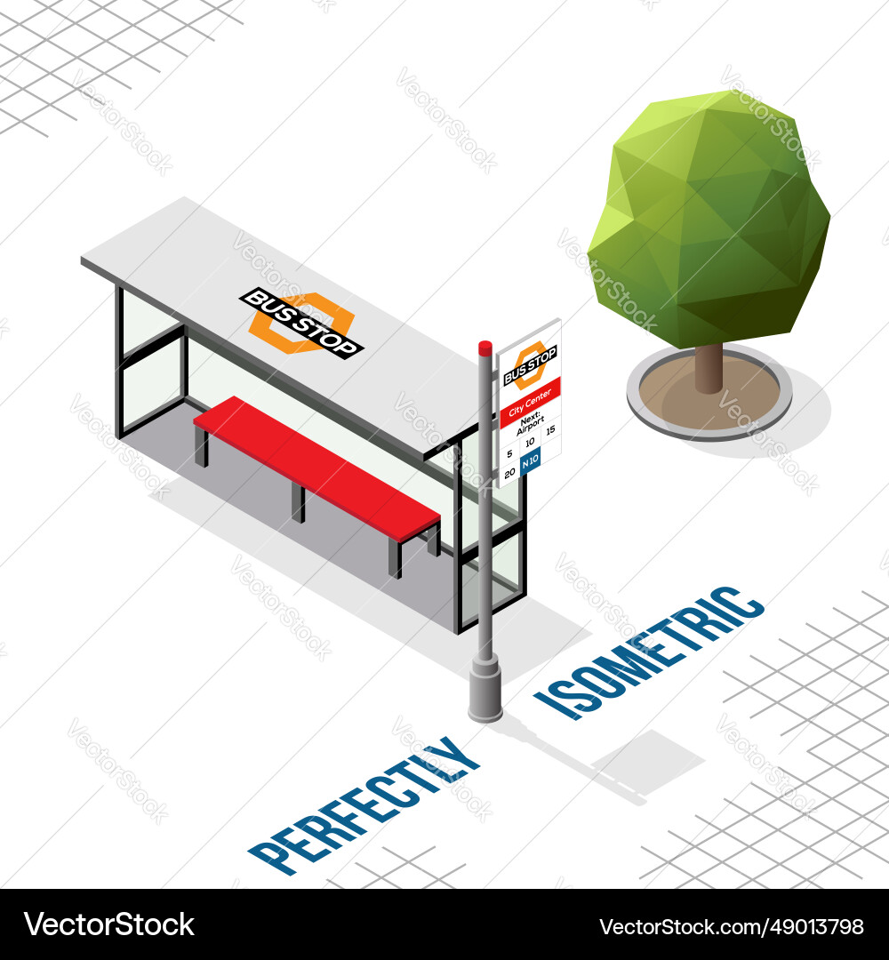 Isometric bus stop facing left with a tree Vector Image