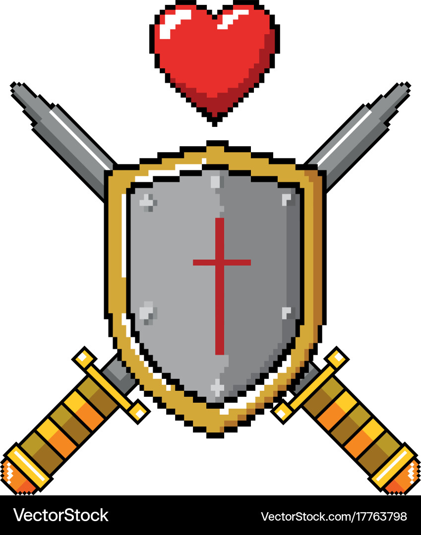 Pixelated shield with sword and heart game icon Vector Image