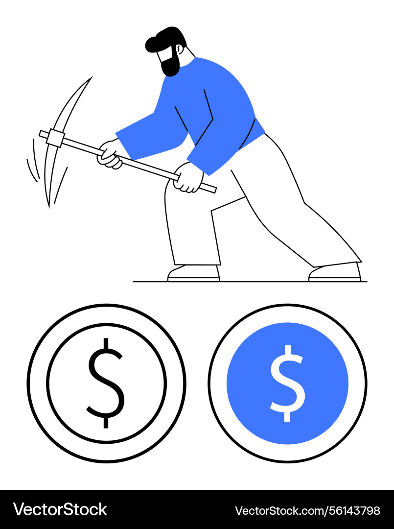 Worker mining with pickaxe and coin symbols Worker mining with pickaxe and coin symbols vector image