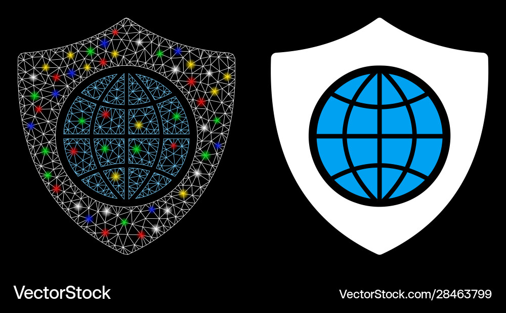 Glossy mesh network global shield icon with light vector image