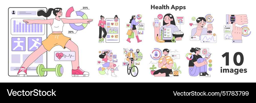 Health applications set characters using digital Health applications set characters using digital Vector Image