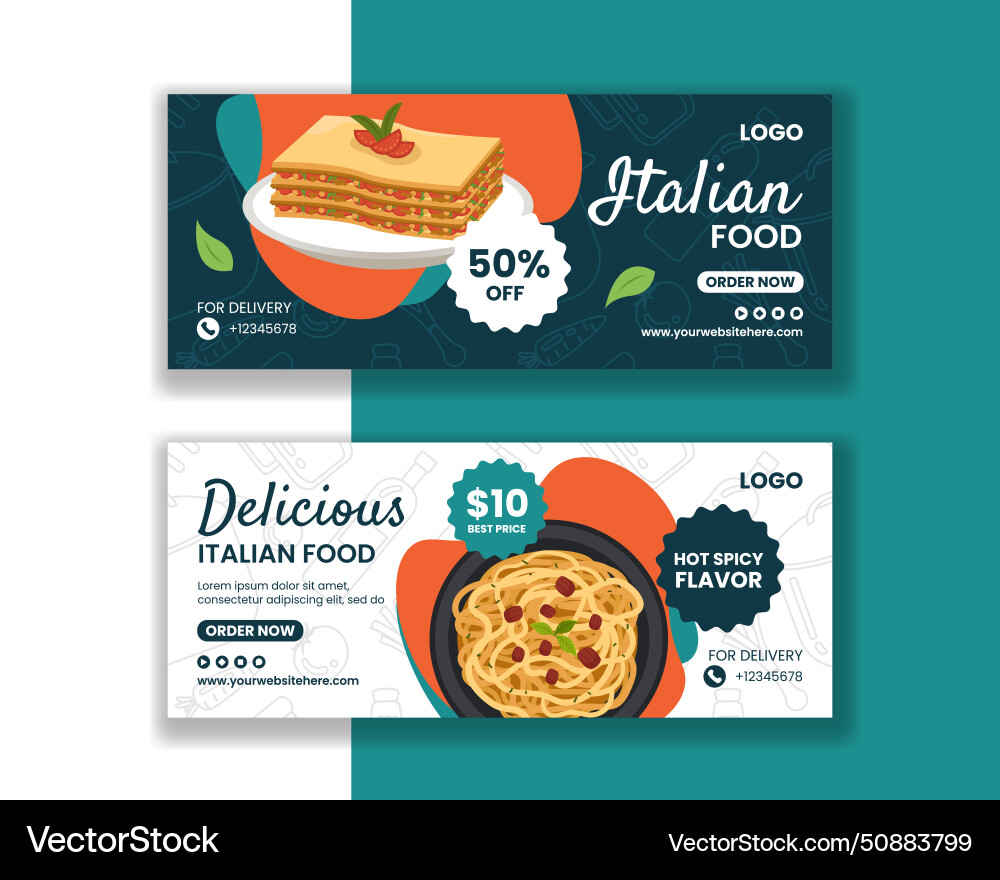 Italian food horizontal banner flat cartoon hand Italian food horizontal banner flat cartoon hand vector image