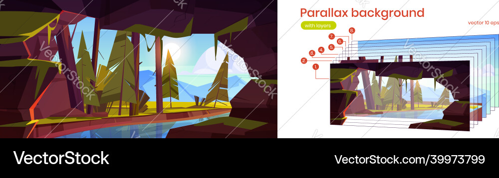 Parallax background with cave river and forest Parallax background with cave river and forest vector image