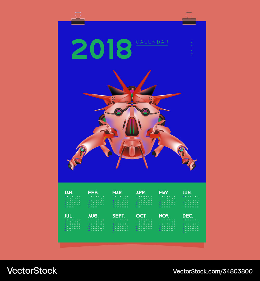 2018 calendar design template 3d realistic robot 2018 calendar design template 3d realistic robot vector image