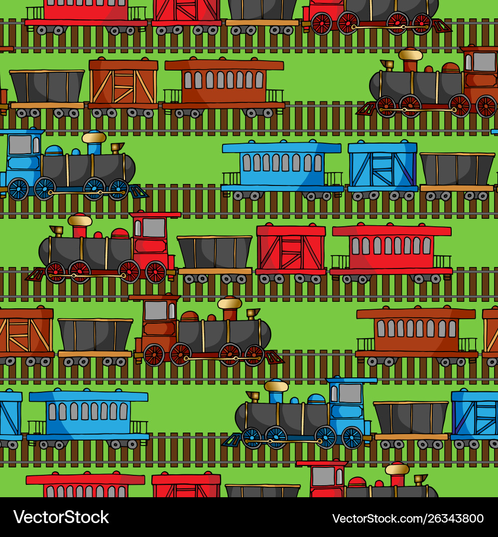 Seamless pattern with colored trains and railroad Vector Image