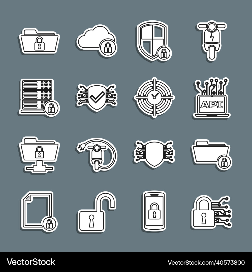 Set line cyber security folder and lock computer Set line cyber security folder and lock computer vector image