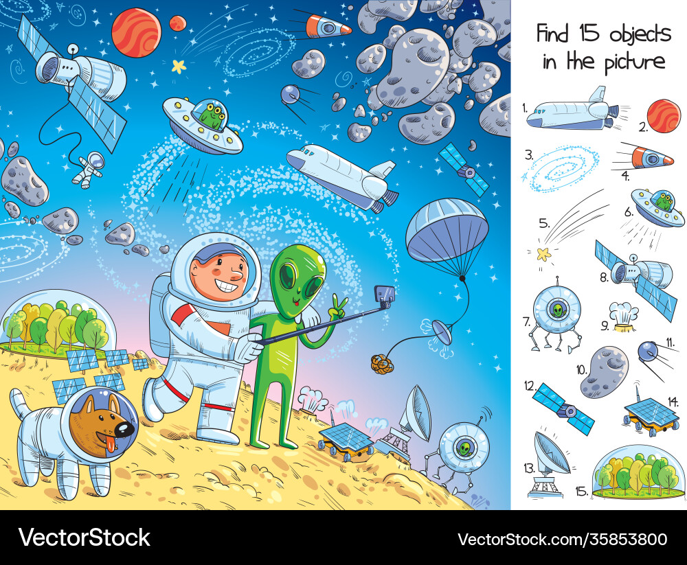 Space adventure find 15 objects in picture Space adventure find 15 objects in picture vector image