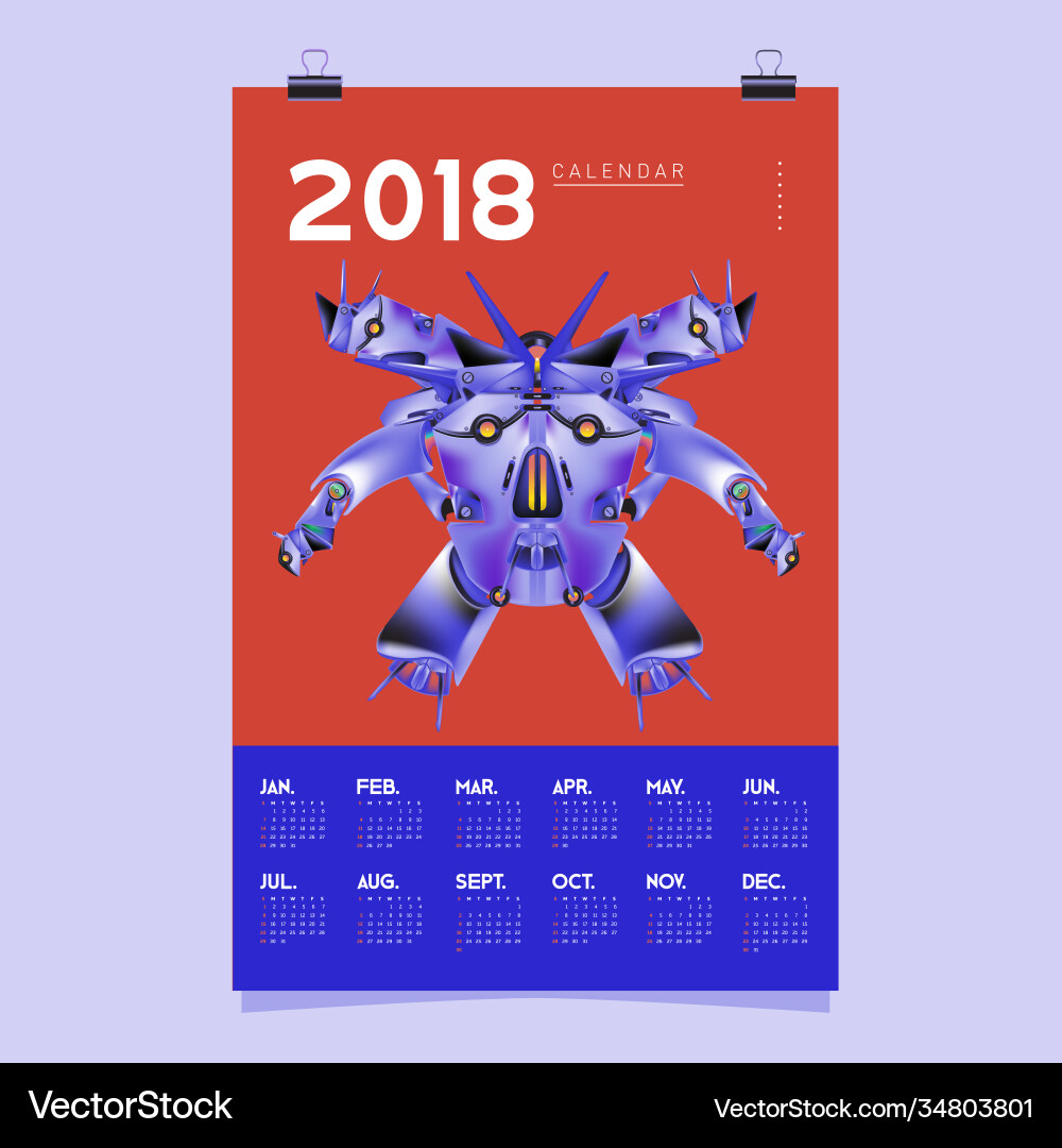 2018 calendar design template 3d realistic robot 2018 calendar design template 3d realistic robot vector image