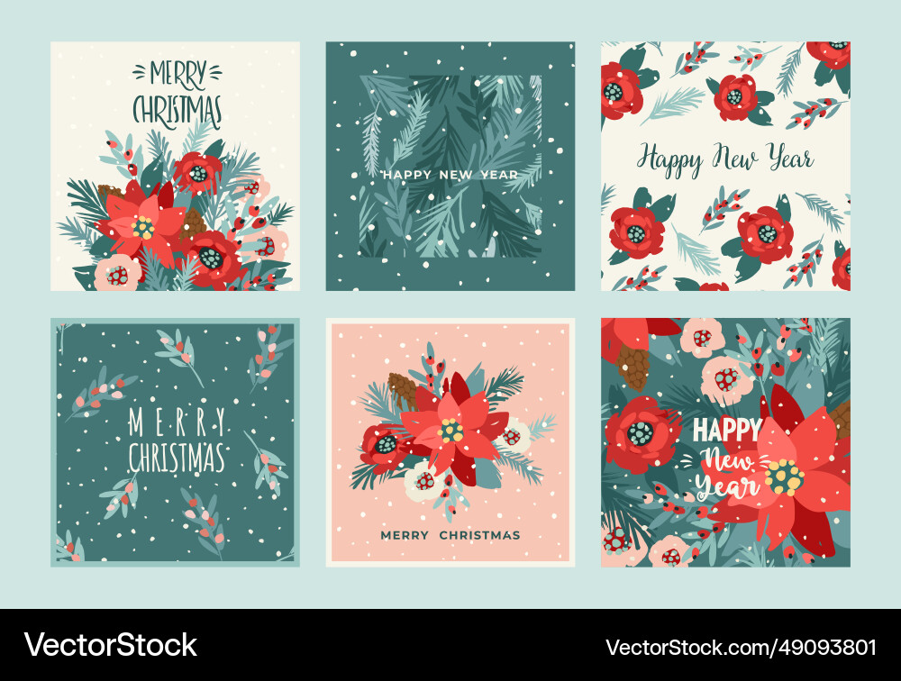 Christmas and happy new year cards with flowers Christmas and happy new year cards with flowers vector image