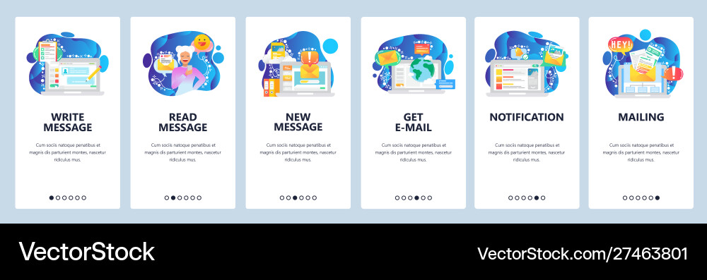 Mobile app onboarding screens send message chat Mobile app onboarding screens send message chat vector image