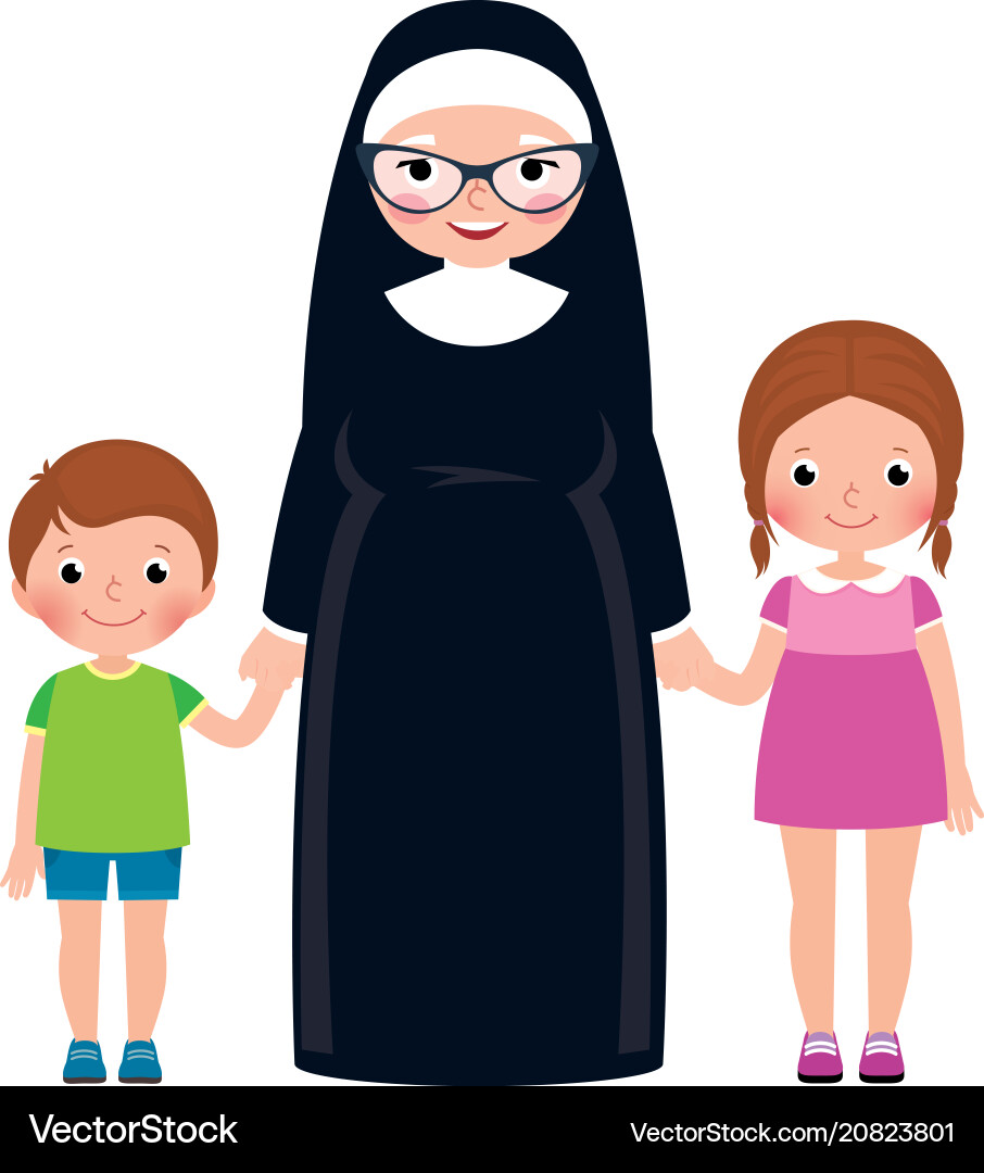 Senior Nonne mit Händen Junge und Mädchen Kinder Senior Nonne mit Händen Junge und Mädchen Kinder vektorbild