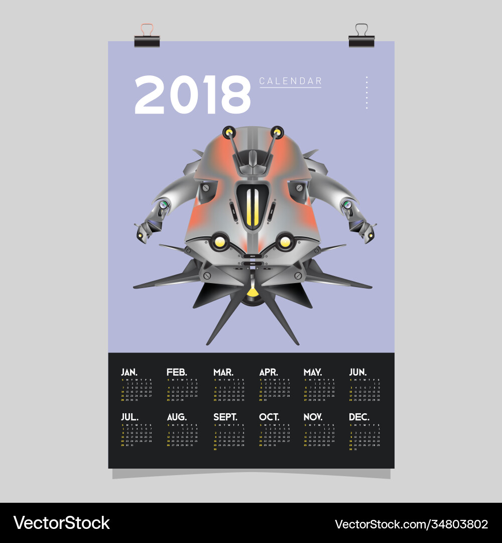2018 calendar design template 3d realistic robot Vector Image
