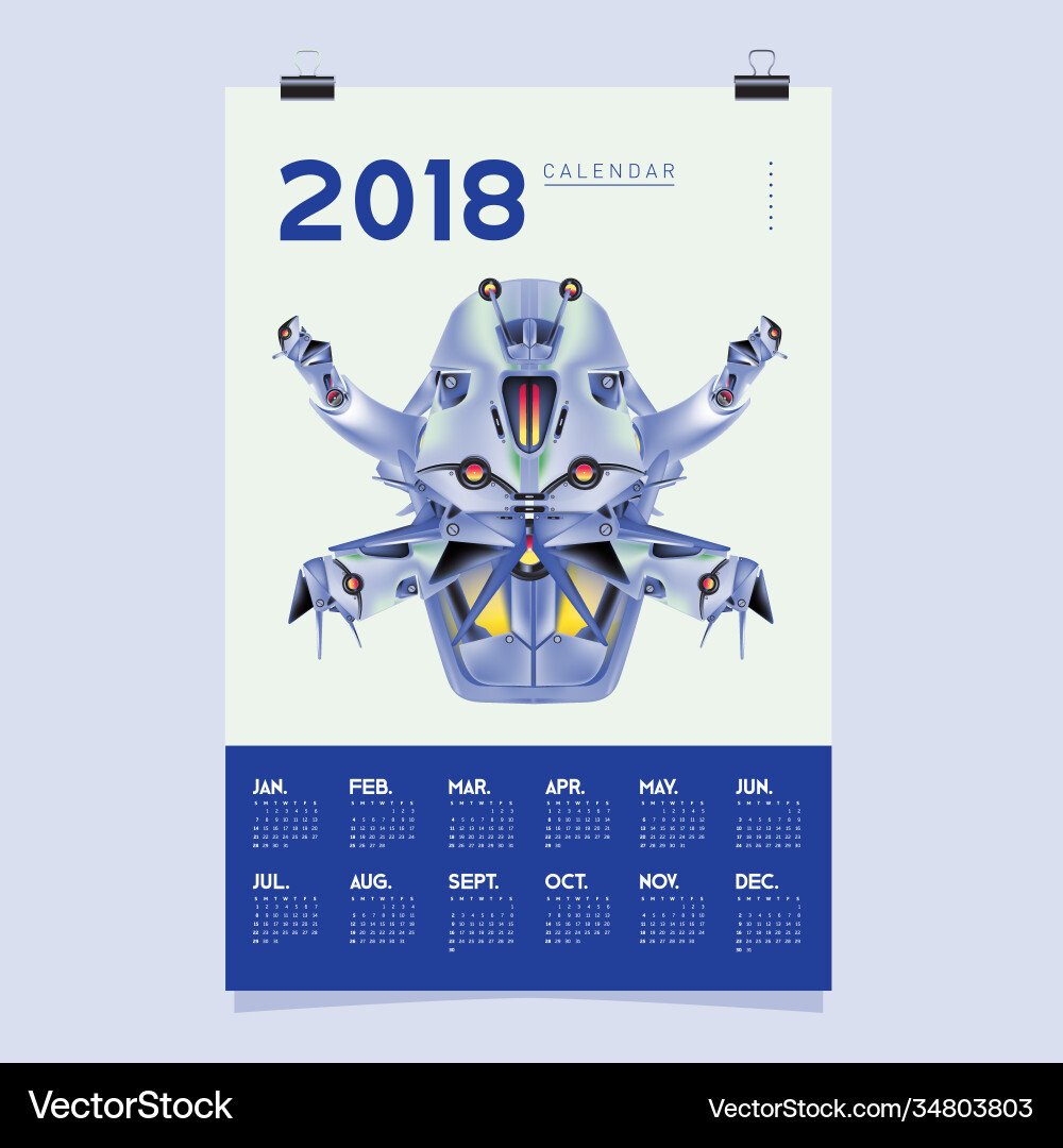 2018 calendar design template 3d realistic robot 2018 calendar design template 3d realistic robot vector image